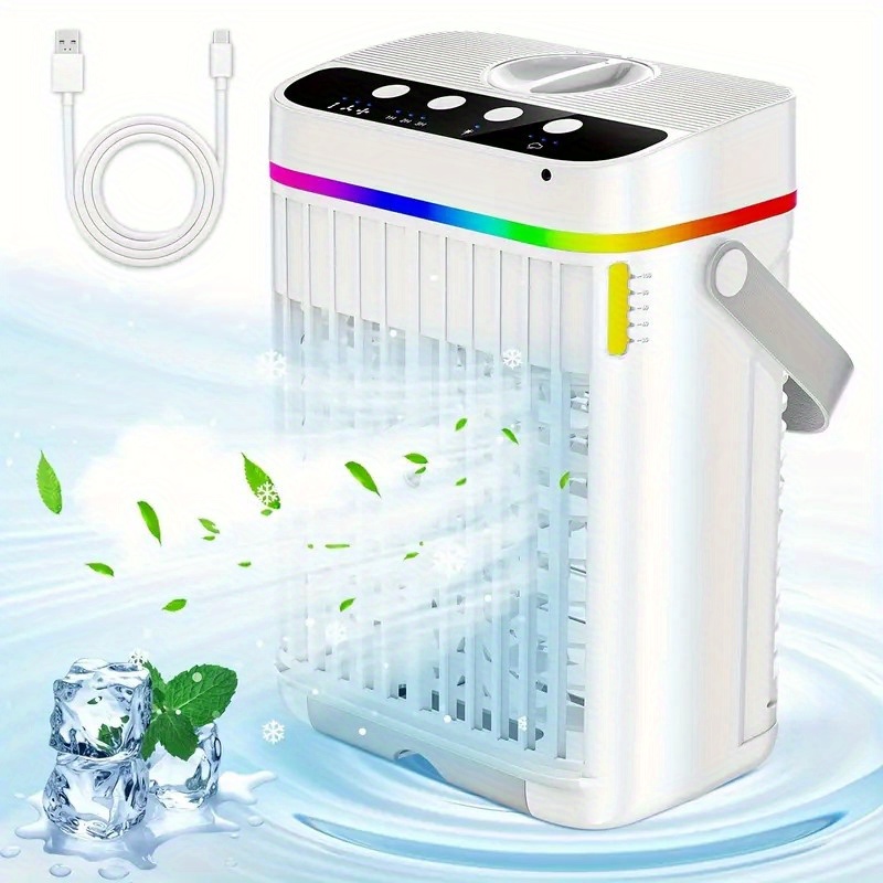 TEMU Portable 3-in-1 Air Conditioner, Humidifier & Fan With Usb-powered Fast Cooling, Digital Display & Design - White, 3-second , Colorful Night