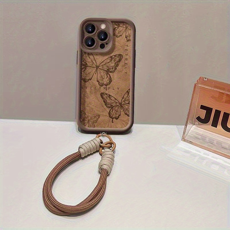 TEMU Phone Case - Brown Vintage Pattern Mobile Phone Case With Wrist Strap, Suitable For Phone Case, Offers Full-body Protection And Serves As A