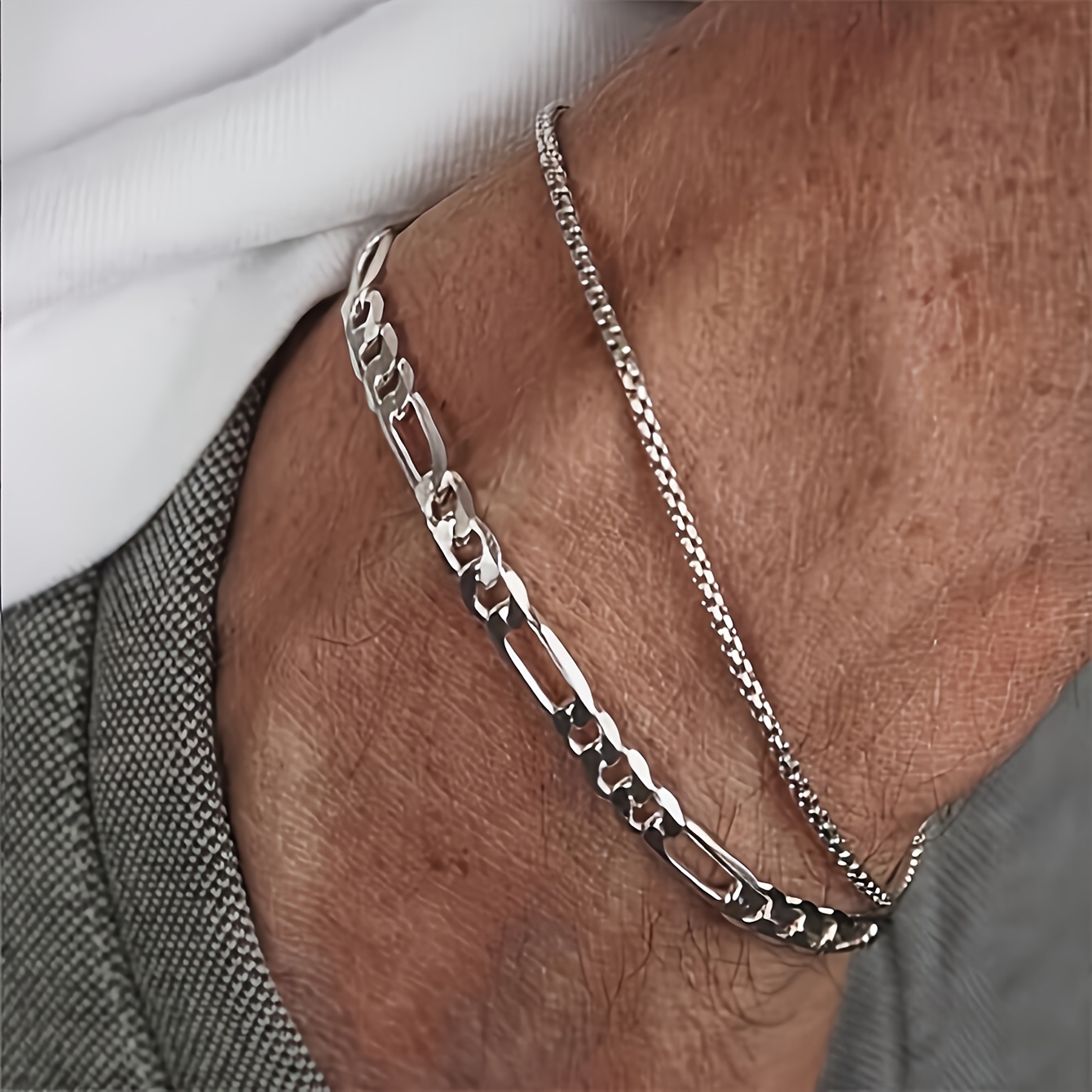 TEMU Juego de 2 piezas: Pulsera de cadena de serpiente de acero inoxidable 3:1 elegante y sencilla para hombre, cadena de brazalete para mujer - La