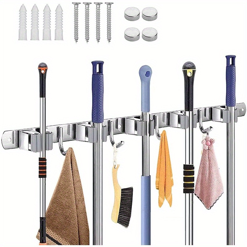 Heavy Duty Wall Mount Broom Holder - Self Adhesive Mop Organizer With 5 Racks And 4 Hooks | Space- Storage Solution For Kitchen, Laundry, Garage And Garden Tools, Utility Hooks