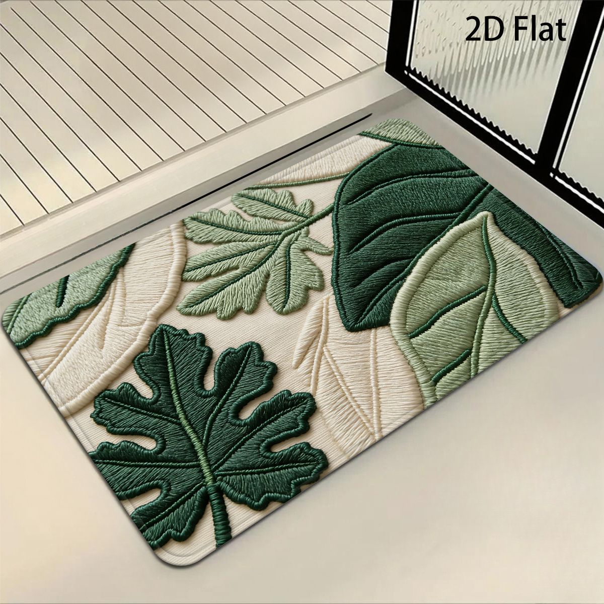 TEMU Tapis de sol de salle de bain plat 2D, motif feuille verte de style nordique, avec coussin arrière antidérapant, tapis de sol en velours lavable