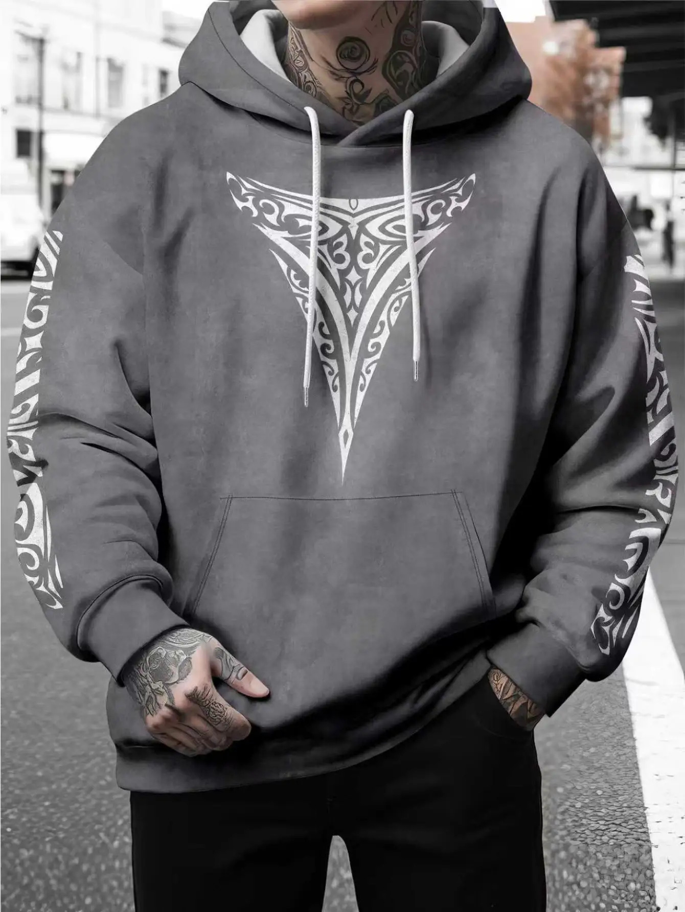 mens 3d printed maori tribal tattoo hooded sweatshirt drop shoulder long sleeve streetwear with white black tribal design machine washable casual pullover for casual attire themed events fashionable statement piece with intricate shoulder patterns relaxed fit for men   design comfortable and stylish hooded sweatshirt plus size grey 1