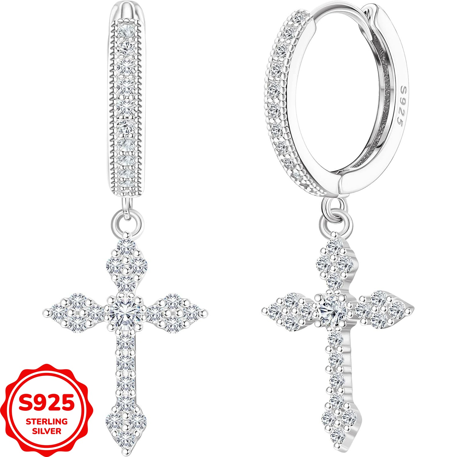 Image of A Pair Of Delicate Cross Earrings Made Of 925 Sterling Silver For Women, Featuring Lightweight Huggie Hoops And Dangling Crosses, Weighing 2.4g/0.08oz