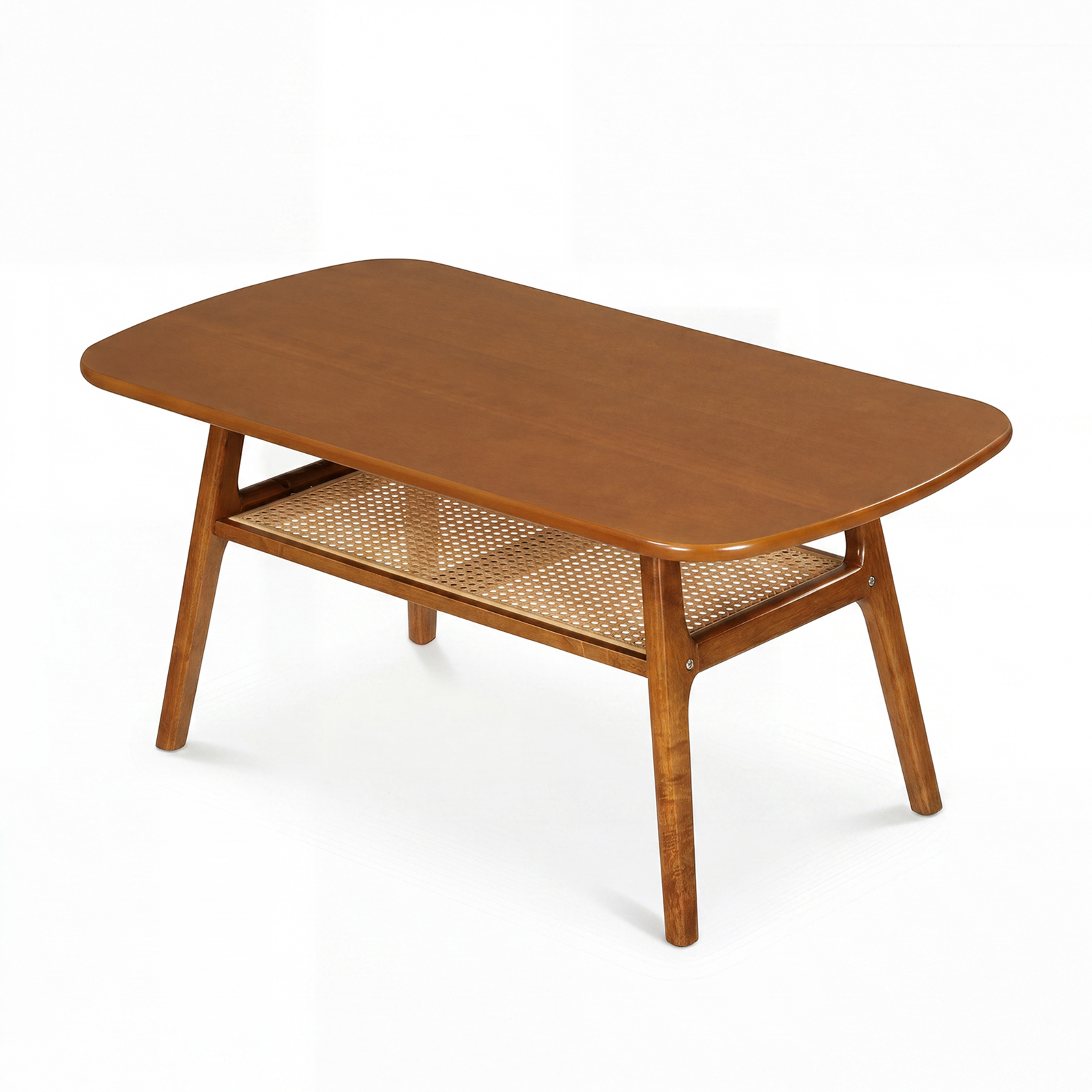 Image of Boho Table With Walnut - Mid-century Accent Table Suitable For Living Room, 2-tier Open Storage Shelf, Rounded Corners, Assembly, Space-saving