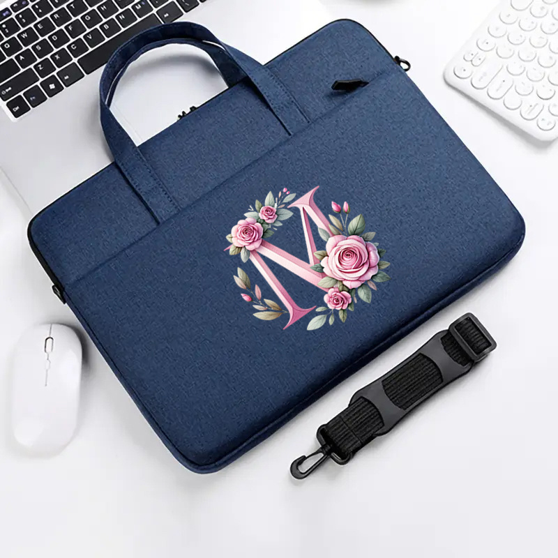 TEMU 【商品名】ピンクの花柄レタープリント 軽量ポリエステル製ラップトップバッグ、ブルーの大容量ブリーフケース、取り外し可能で調節可能なショルラップ付き、オフィス、日常の旅行、通勤、誕生日、ホリデーギフトのラップトップバッグに最適