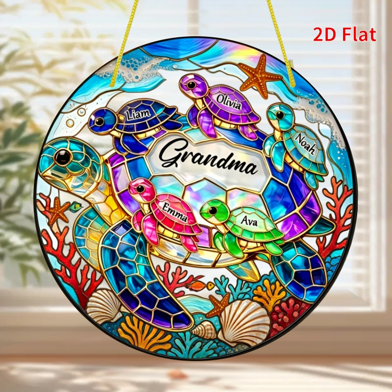 item picture 2d flat 2d flat 2  1pc 20x20cm grandma sea turtle family personalized suncatcher suncatcher round acrylic window hanging ornament home garden decor colorful seasonal gift