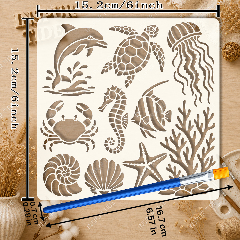 TEMU Painting Template Set - , Sea Turtles, Jellyfish, Crabs, , , Shells, Starfish, And Coral; For Ocean Wall Art, Crafts, Fabric Painting, Furniture