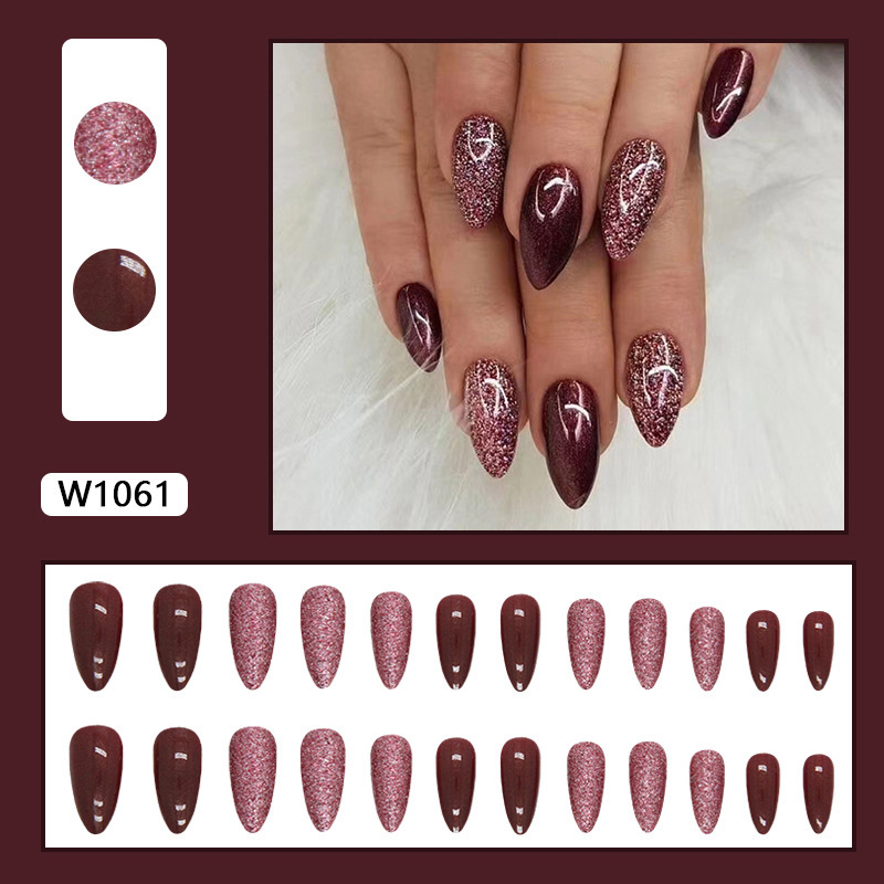 24pcs Of Shiny Almond Shaped Pressed Fake Nails, Solid Color, Sparkling Red Fake Nails