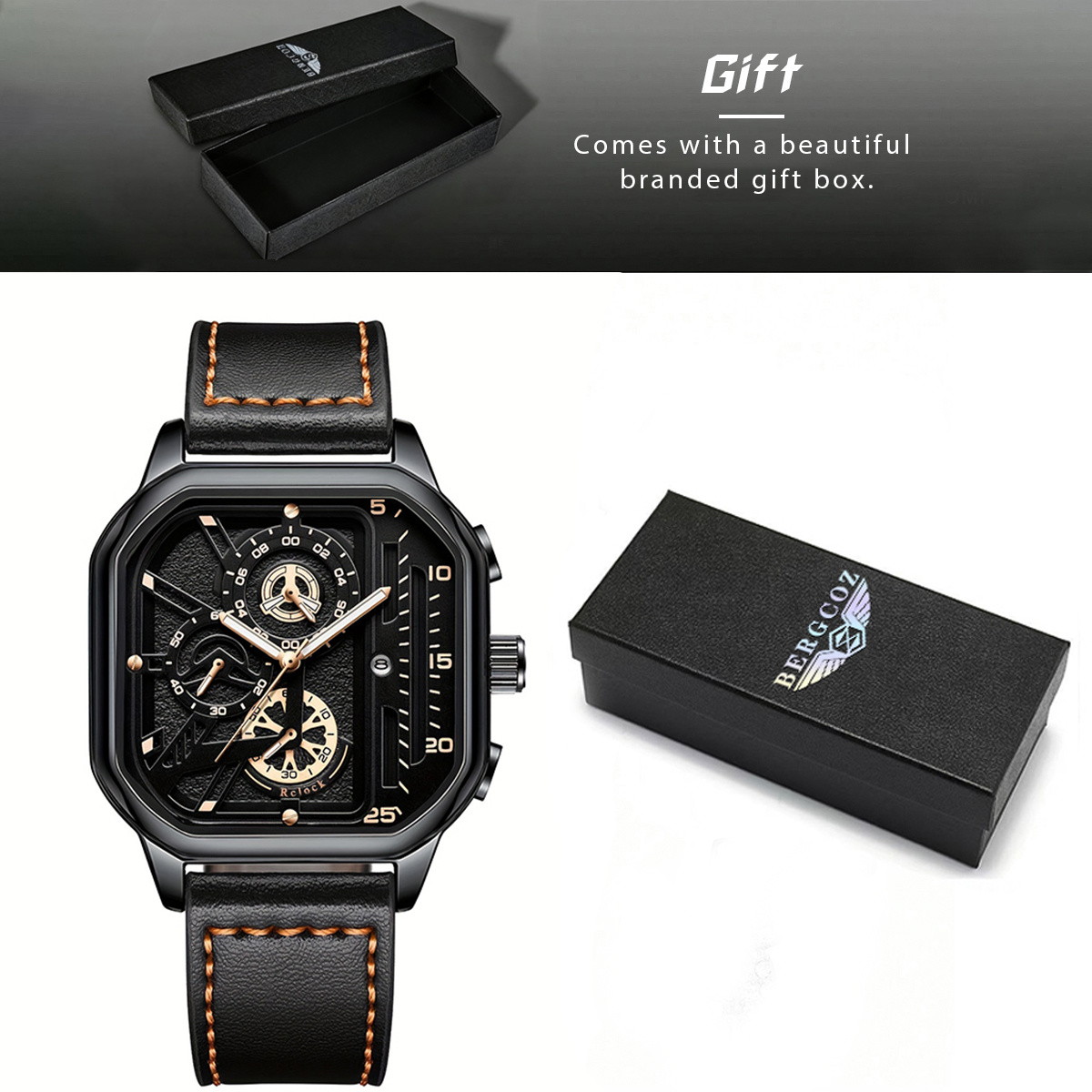 Image of Bergcoz | Men's Stylish Casual Calendar Quartz Watch With A Faux Leather Strap. Suitable For Everyday Wear. A Great Gift For Men, Back-to-, Or Birthdays