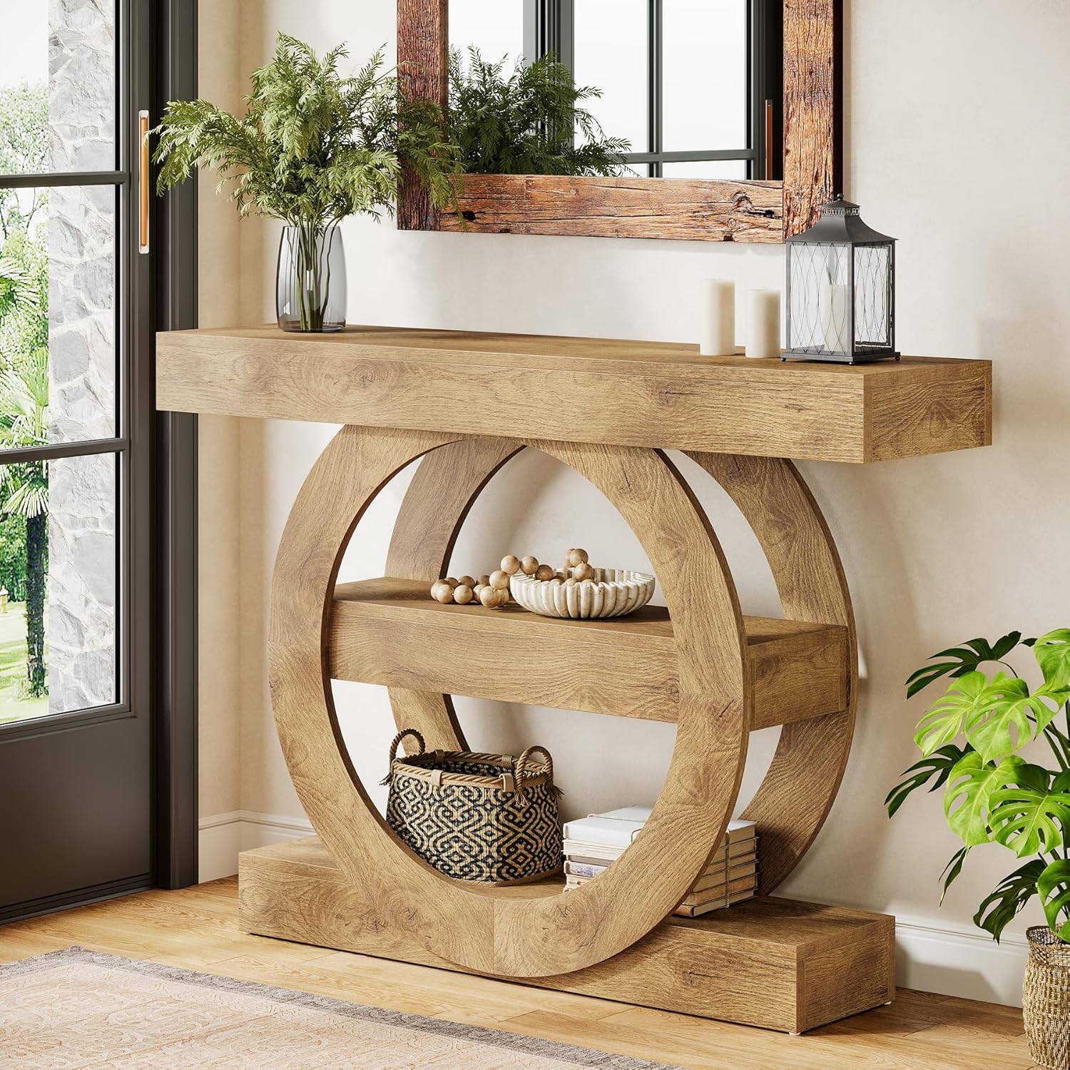Image of 41-inch Entryway Table With Storage, 3-tier Farmhouse Console Table With Shelves, Wooden Foyer Tables For Entryway, Living Room, Hallway, Behind Couch (light Brown)