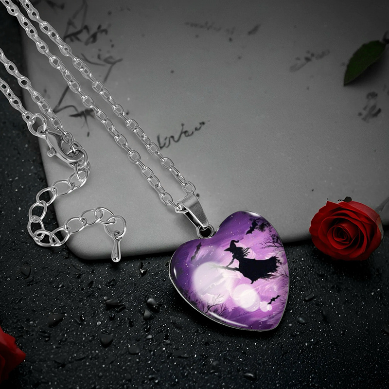 Purple Starry Night Witch Heart Pendant Necklace