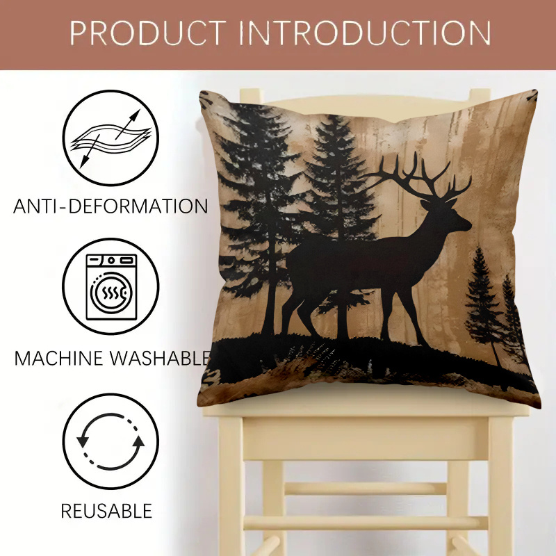 TEMU 1pc Contemporary Style Polyester Fabric, Forest Deer & Pine , Machine Washable Zippered Pillow Cover - Hypoallergenic, Ideal For Bed, Sofa, Or