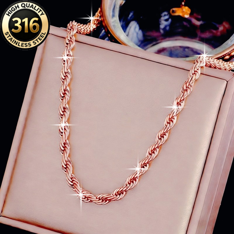 TEMU A Stylish And Rose Golden Twisted Rope Necklace, Stainless Steel Braided Twisted Rope Chain Necklace, Bohemian Hip-hop Style, Suitable For Daily