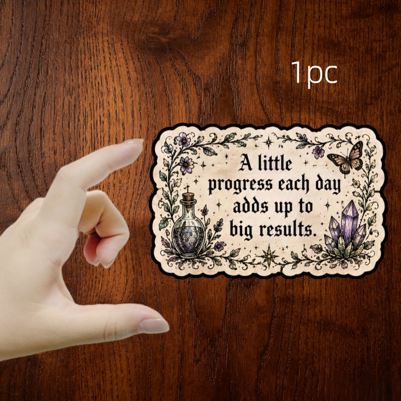 TEMU 1pc 3-inch "a Little Progress Each Day Adds Up To Big Results." Vinyl Sticker, Vintage Parchment With , Potion Bottle, Crystals And Flowers, For