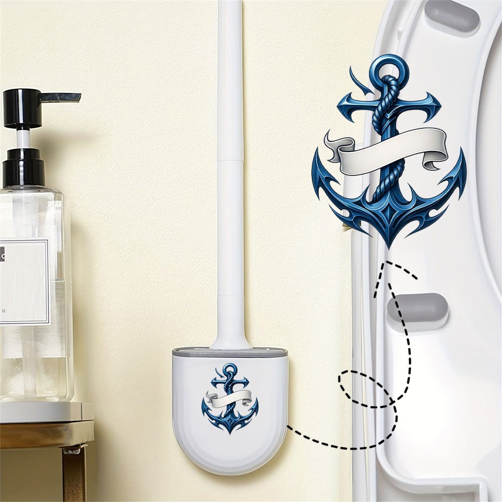 TEMU 1pc Wall-mounted Nautical Anchor Toilet Brush & Holder With Long Handle - Deep Cleaning Bathroom Brush, Bristles/rigid Plastic Root, Space-