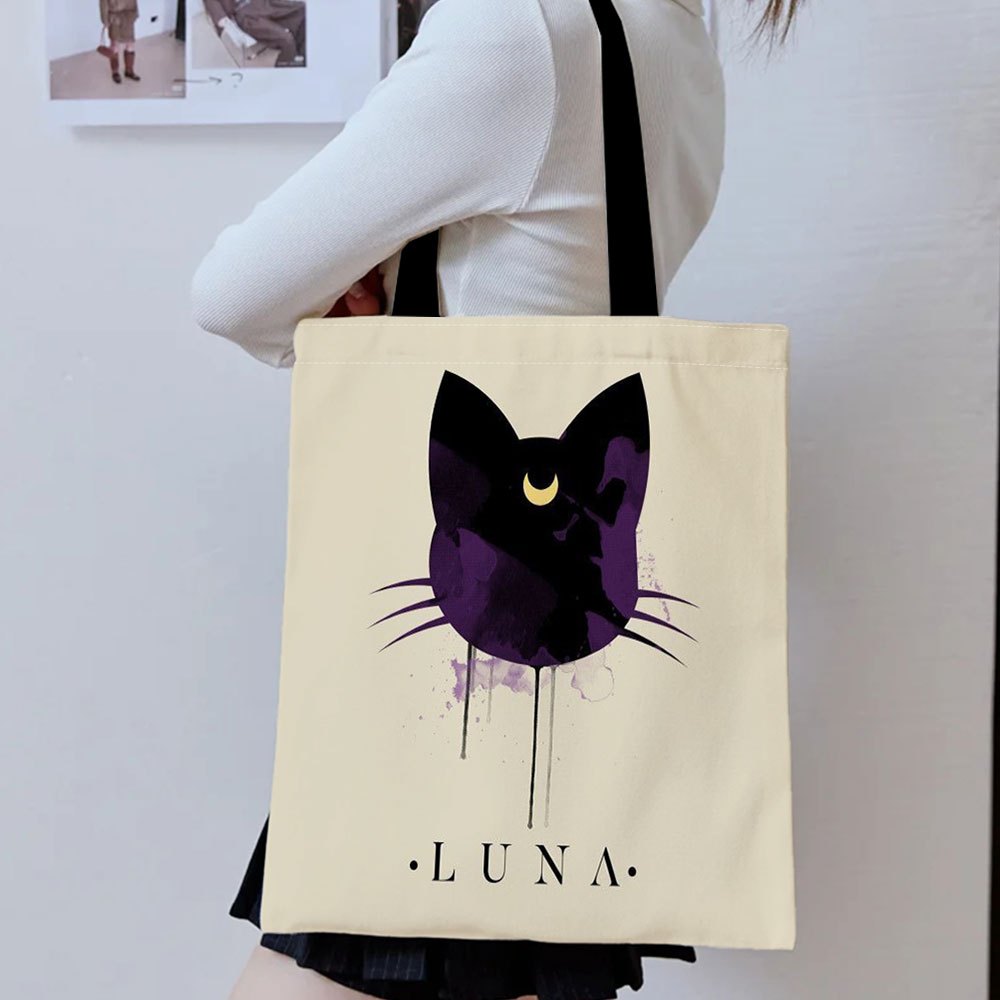 TEMU 1pc, Sac noir Chat Luna avec impression numérique - Sac réutilisable avec poignée pour usage décontracté, Transport décontracté | Sac de dessin