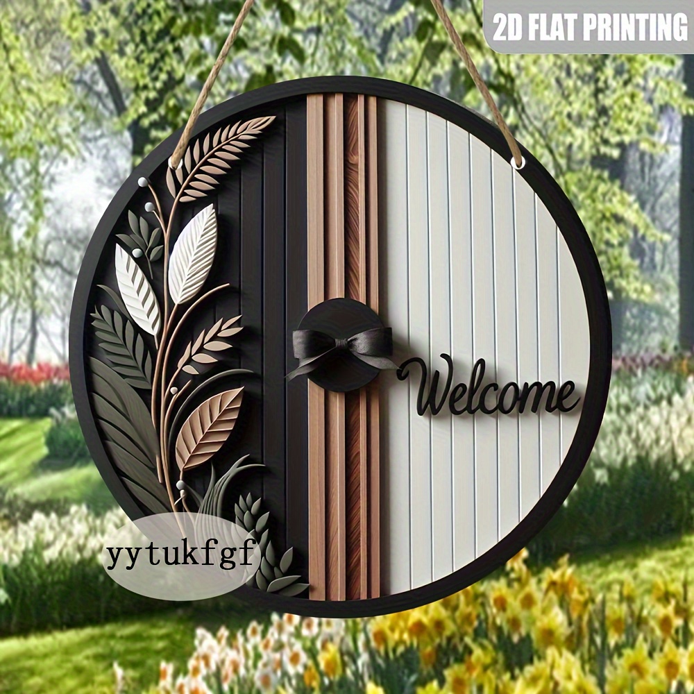 TEMU 2d Flat, 2d Plane, Round 2d Plane - Elegant 2d Plane Welcome Sign - Round Wooden Decorative Wall Hanging With "welcome" Text, Ribbon, And Leaf