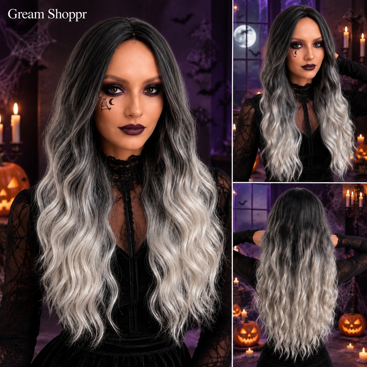 TEMU Halloween Costume 26 Inch Black-white Ombre Long Curly Synthetic Wig, Stylish And Elegant, Breathable Wig , , Ideal Holiday Gift For On