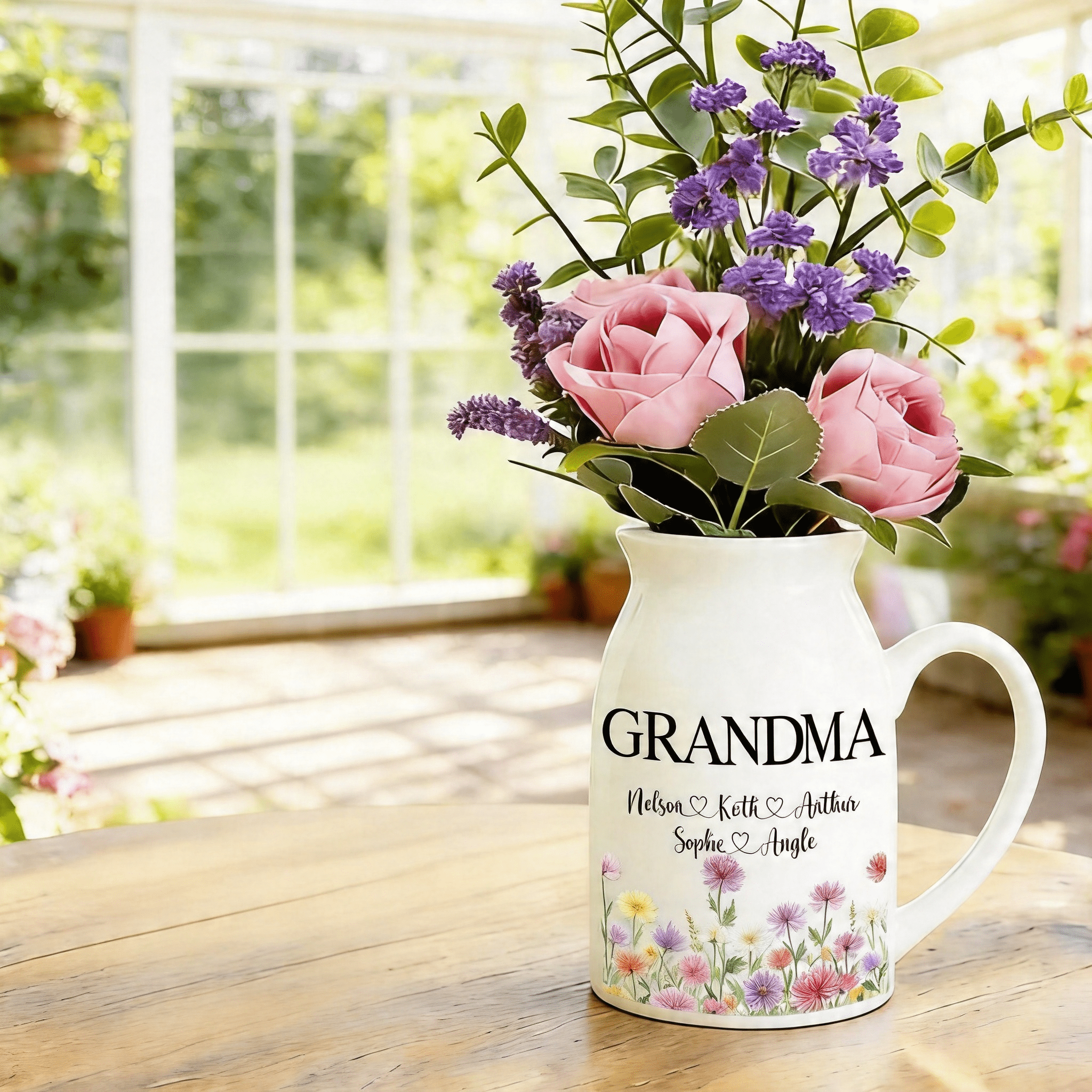TEMU 1pc Personalised Birth Flower Ceramic Plant Vase With Handle, Title And Names, Birthday Mother's Day Gift For Mom, Grandma, Family Centerpieces,