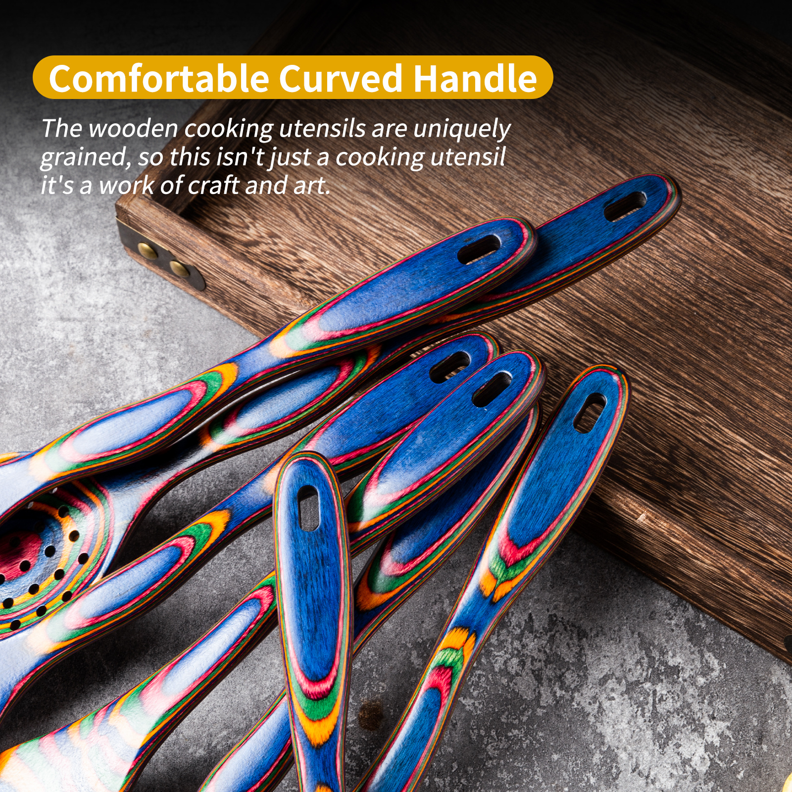 7pcs Pakkawood Blue Wooden Cooking Utensil & Spoon Set - Non-Stick Wood Kitchen Tools with Spatula, Slotted & Solid Spoons Suitable for /Outdoor Use, Holiday Gift (Christmas, Mother' Day)