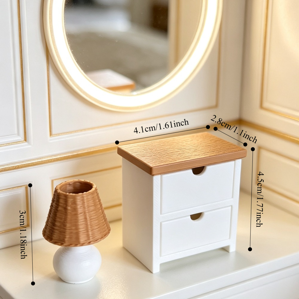 TEMU 2pcs Mini Simulated Bedside Table + Lamp 1:12 Doll House Miniature Furniture