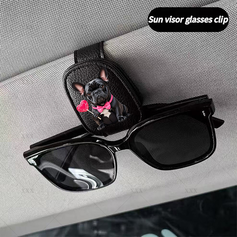 TEMU 1pc Cute Bow Bulldog Pattern Glasses Frame, Car Magnetic Glasses Clip, Car Interior Decoration, Halloween Holiday Gift, Suitable For Car Sun