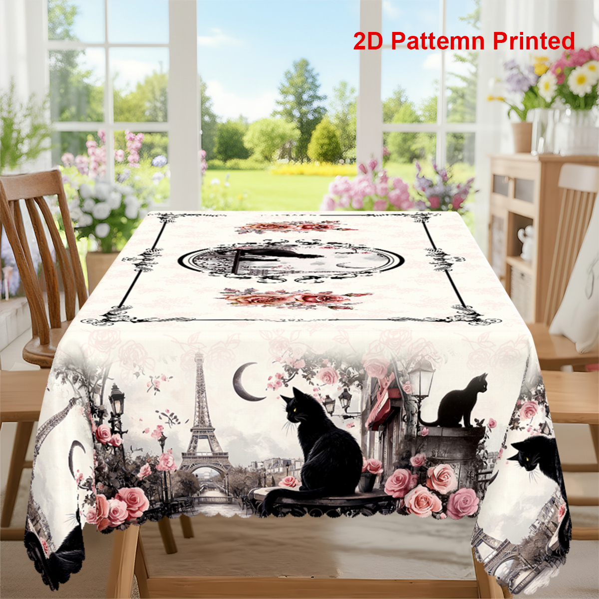 TEMU 1pc, Nappe de fête sur le thème du chat, Printemps Été Tour de fer Rose Imprimé Floral, Nappe rectangulaire/rondelle/ovale, Bord , Convient pour