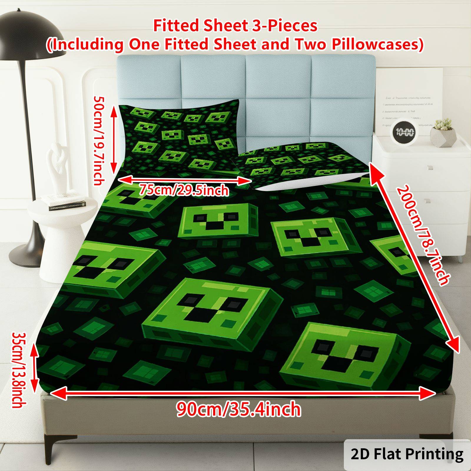 TEMU 3pcs Green Pixel Block Fitted Sheet 3pcs Set (1*fitted Sheet 2*pillowcases, ), Gaming Theme, Geometric Bedding, Mattress Protector Soft,