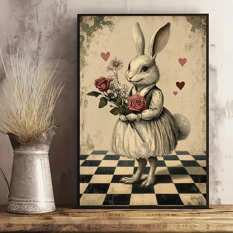 

1pc Canvas Poster, Vintage Of Rabbit Holding Roses- Oil Painting - Decoration - No Solid Wood Frame - Suitable For Living Room, Bedroom, Dining Room, Garage, Office, Cafe, Bar, - Holiday Birthday Gift