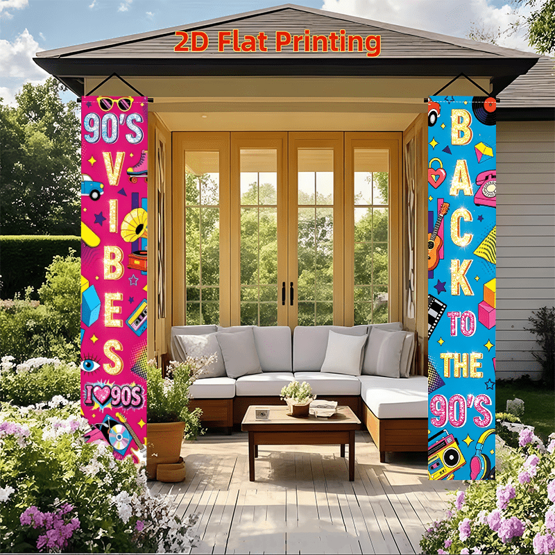 TEMU 2d Flat - 2d Flat - 2d Flat 1 Pair Retro 90s Music Theme Porch Banner 90s Party Decoration Hanging Flag Outdoor Courtyard Lawn Decoration No