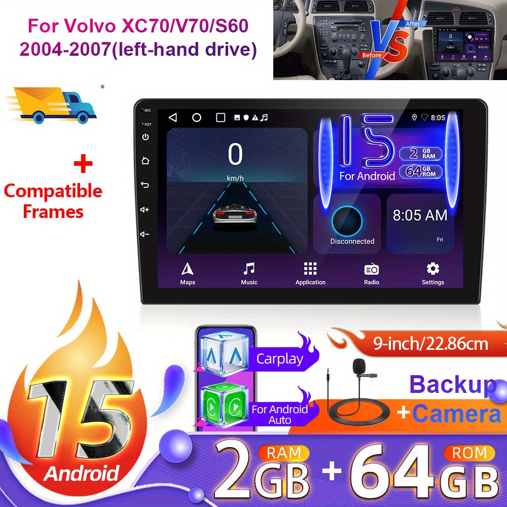 2+64g 9 Inch 15 Car Radio For / V70/ S60 2004-2007(left-hand Drive) (frame Included) With Rear View Camera, Hd Touchscreen Radio With Auto Wifi Gps Eq Swc Fm + Canbus