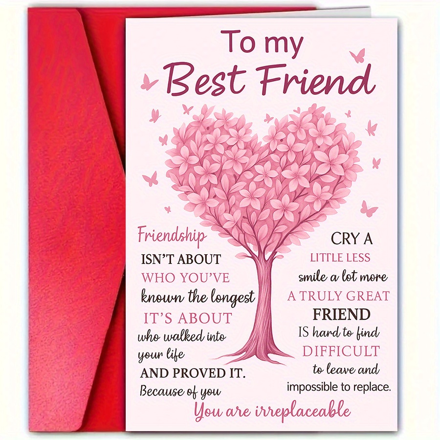 TEMU 1pc Heart-shaped Tree Of Friendship Greeting Card, High-quality Paper With Envelope - Pink Cartoon Design Best Friend Birthday Gift, Thank You