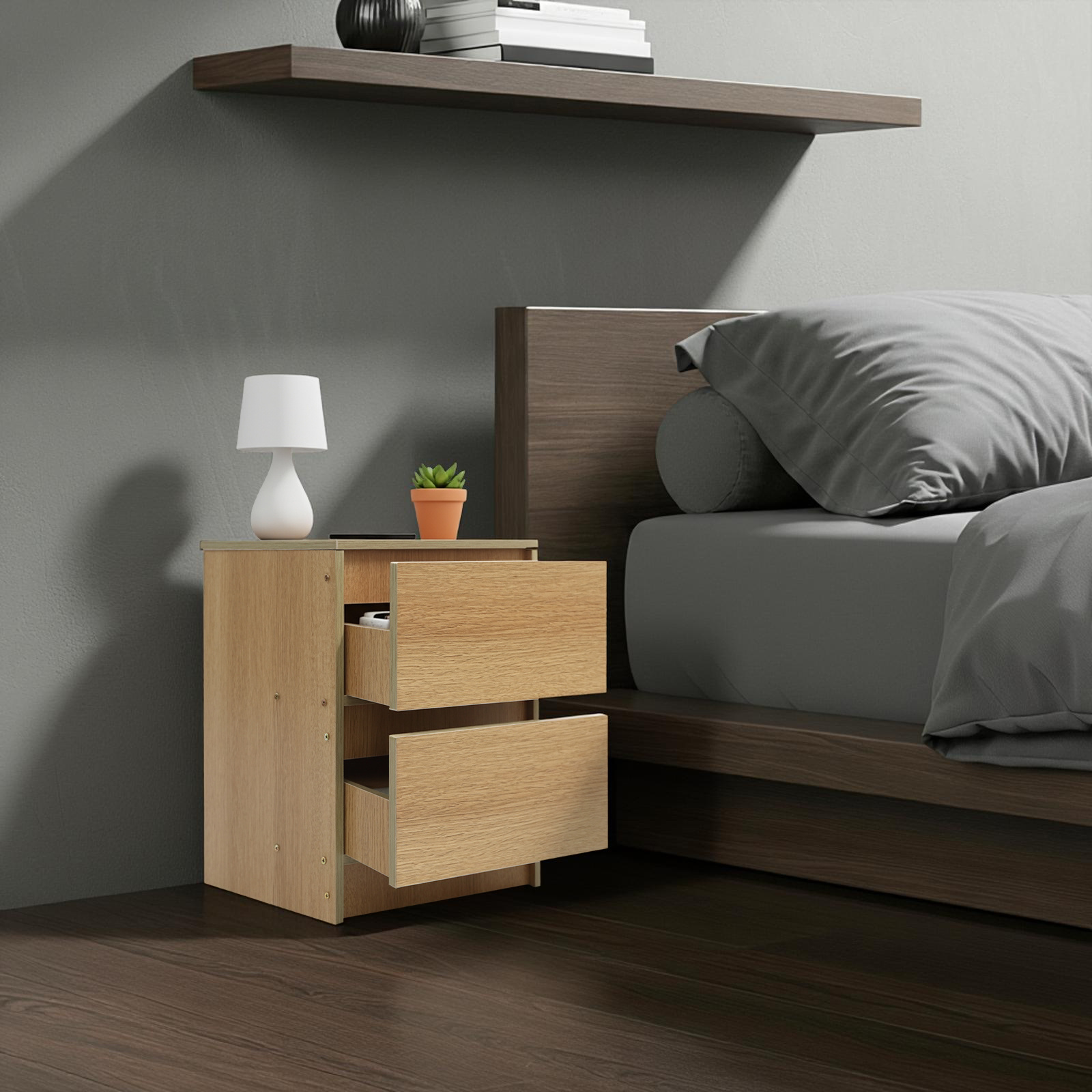 Image of Compact Home Nightstand With Double Drawers Minimalist Bedroom Small Item Storage Cabinet
