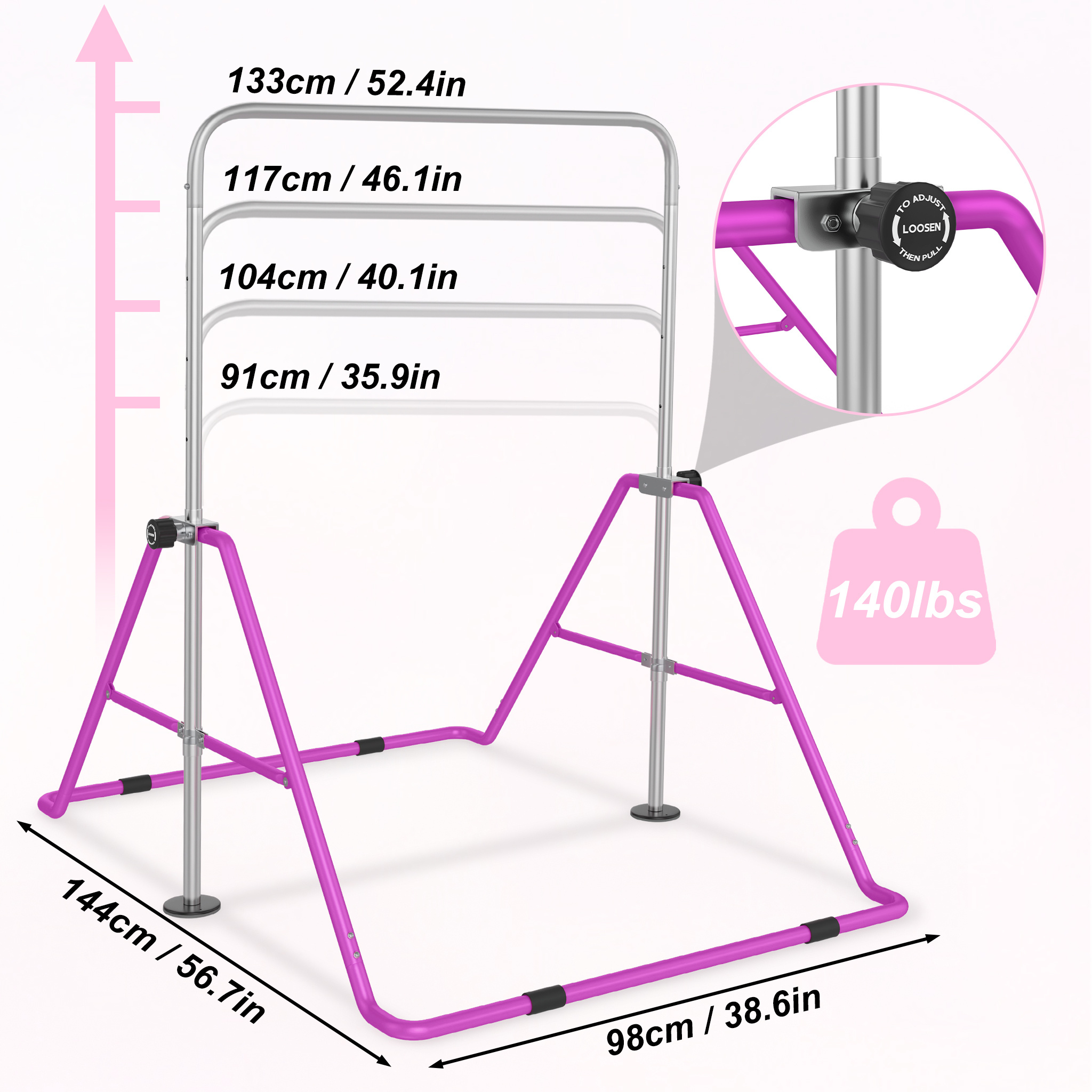 Image of Children's Height-adjustable Gymnastics Bar, Foldable Horizontal Bar, Indoor Gymnastics Bars, Gymnastics Equipment For Indoor Gym, Garden, Max. Load 140 Lbs With Pull Ring