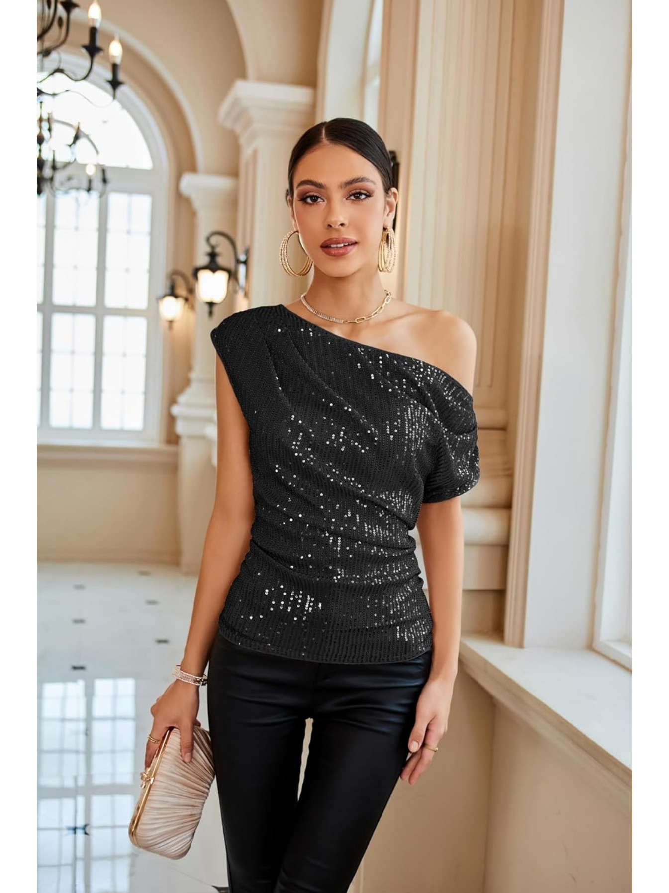 Women's Sequin One Shoulder Top - Sheer Ruched Long Sleeve Tee For Parties & Nights Out