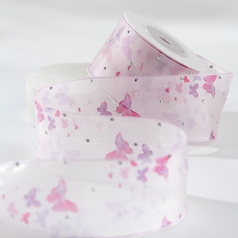 Hot Drill Transparent Snow Gauze Belt Hair Additions Bow Fresh Flower Material Gift Box Packaging Printed Ribbon