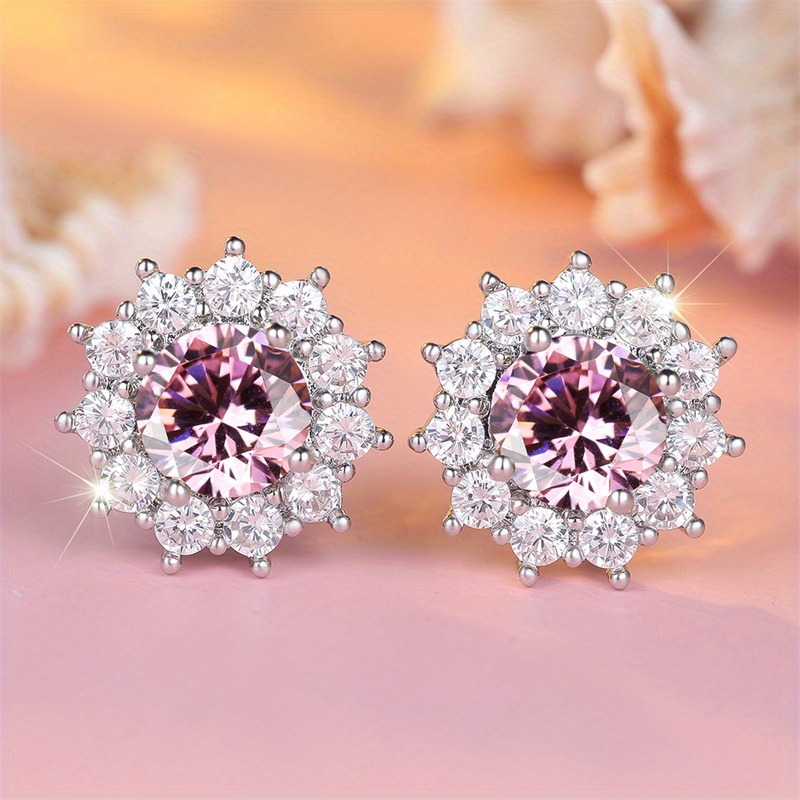TEMU Elegant Round Cut Pink Synthetic Zirconia Snowflake Design Women's Earrings, Party Holiday Daily Wear, Durable And Shiny Accessories