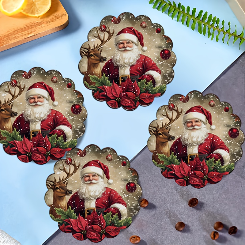 TEMU 4pcs Christmas Coasters Set - Santa Claus And Reindeer Pattern Wooden Coasters, Non-slip And Durable, Suitable For Holiday Gatherings And Home