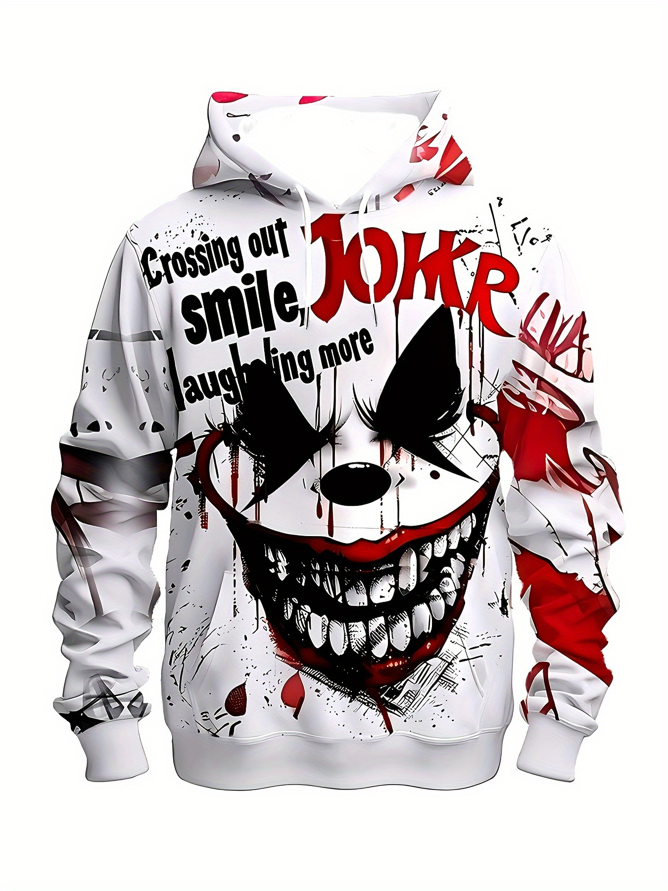 Men's 3D Printed Clown Face Hoodie with Red Splatter & "While Teeth Still Smile" Text - Stretch Knit Pullover Sweatshirt, Elastic Drawstring Hood, Plus Size Casual Costume for Parties, Carnivals, Outdoor Wear (Pop Culture Inspired) - Image 3