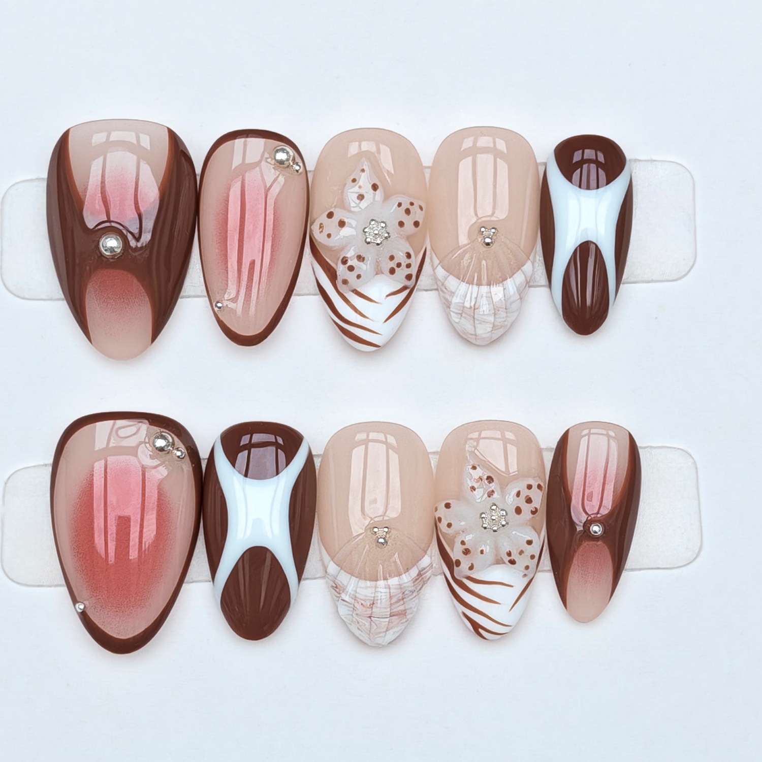 TEMU | Handmade Acrylic Press On Nails- Short Almond Shape With Gradient Base, White Line Art And 3d Floral Charms, Glossy Finish- Elegant Handmade