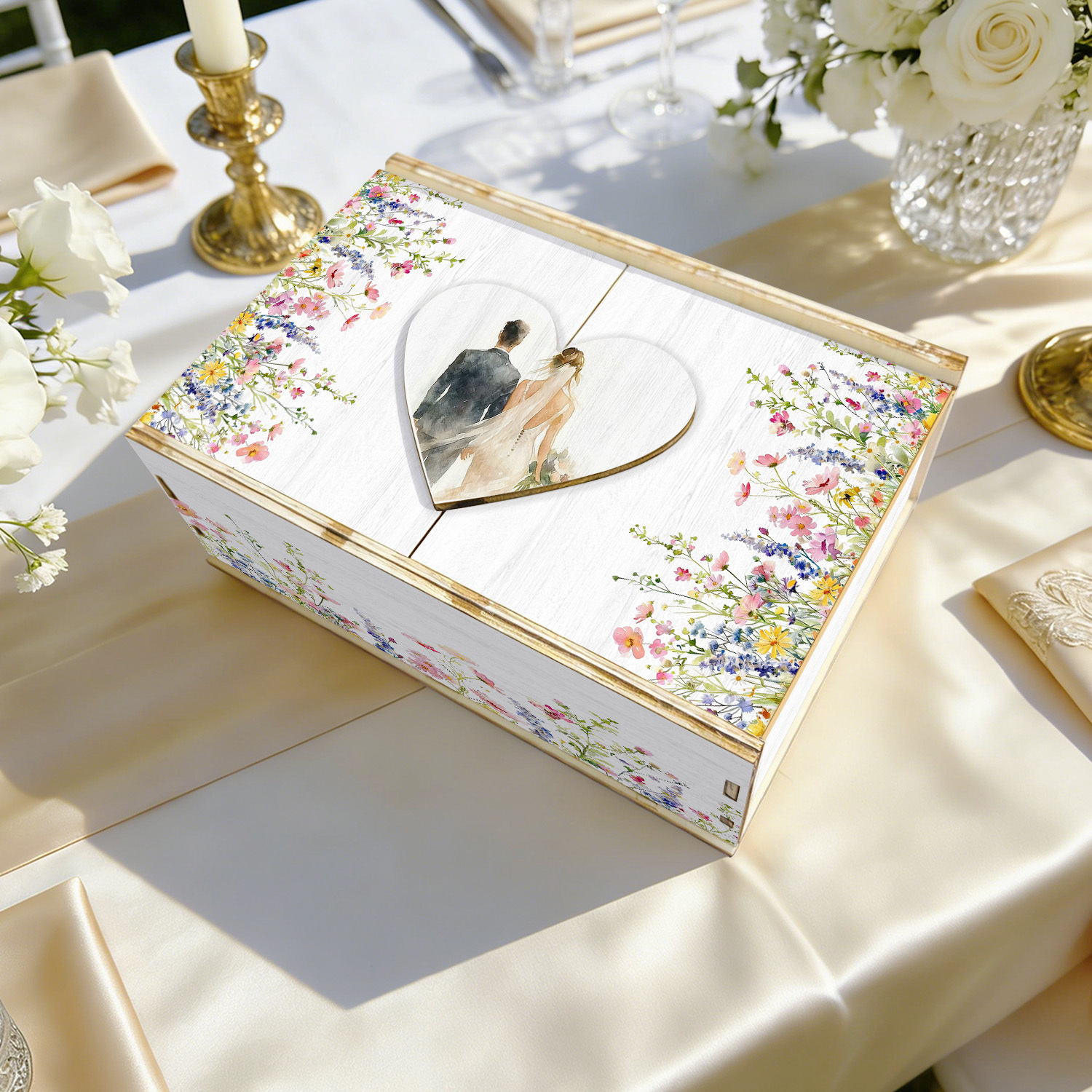 E-shop Aquarell Wildblumen Braut und Bräutigam Rückansicht Holz Hochzeits-Erinnerungskiste, Aufbewahrungsbox, Perfektes Hochzeits-/Verlobungs-Geschenk
