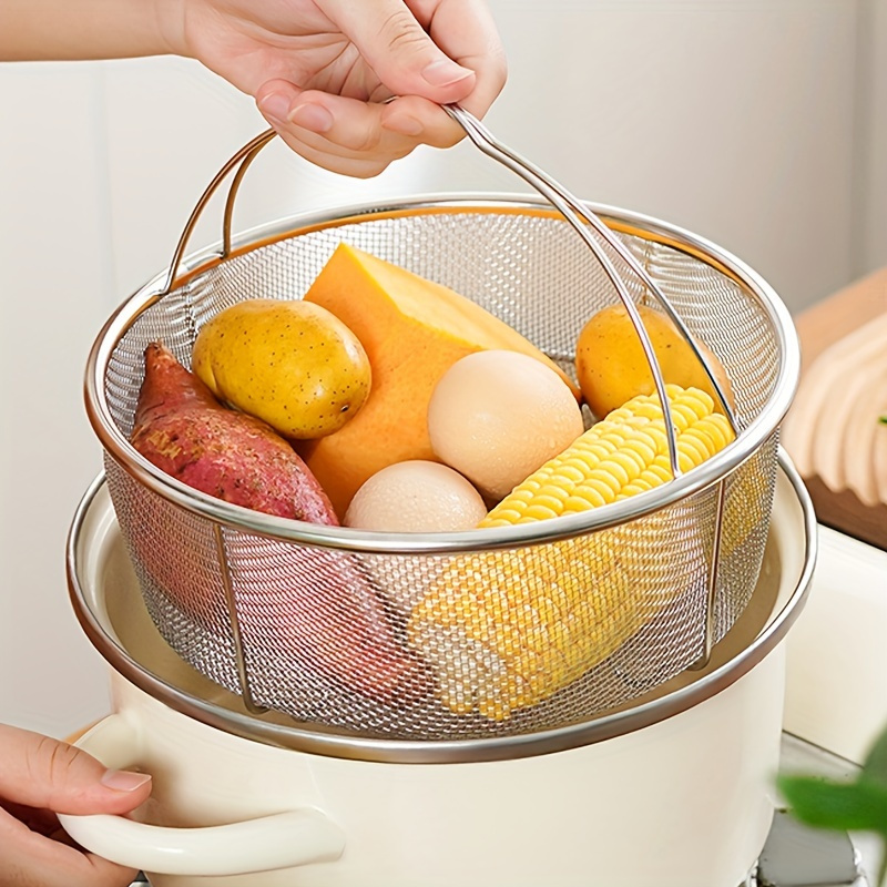 1pc 20cm Stainless Steel Steamer Basket with Footed Leg & Sturdy Handle - Heavy-Duty Collapsible Multi-Use Steamers for Boiling, Frying, Draining - Fine Mesh Design Prevents Food Burning, Dishwasher Safe, Space-Saving Kitchen Basket for Vegetables, Dumplings, Fish - Ideal for Home & Commercial Kitchens, Dumpling Boiler, Vegetable Steaming, Rustresistant Steamer,   Material, Frying Strainer, Meal Preppers, Professional Cooks