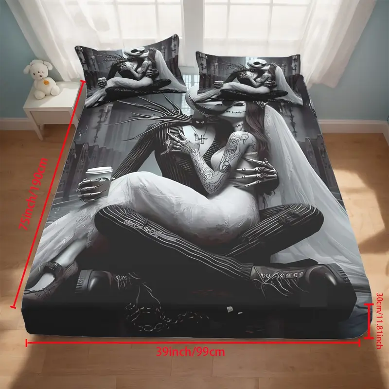 3pcs jack and themed fitted sheet set for bed bedroom couple 1 fitted sheet 2 pillowcase without core suitable for bedding decoration mattress cover set Product details 0
