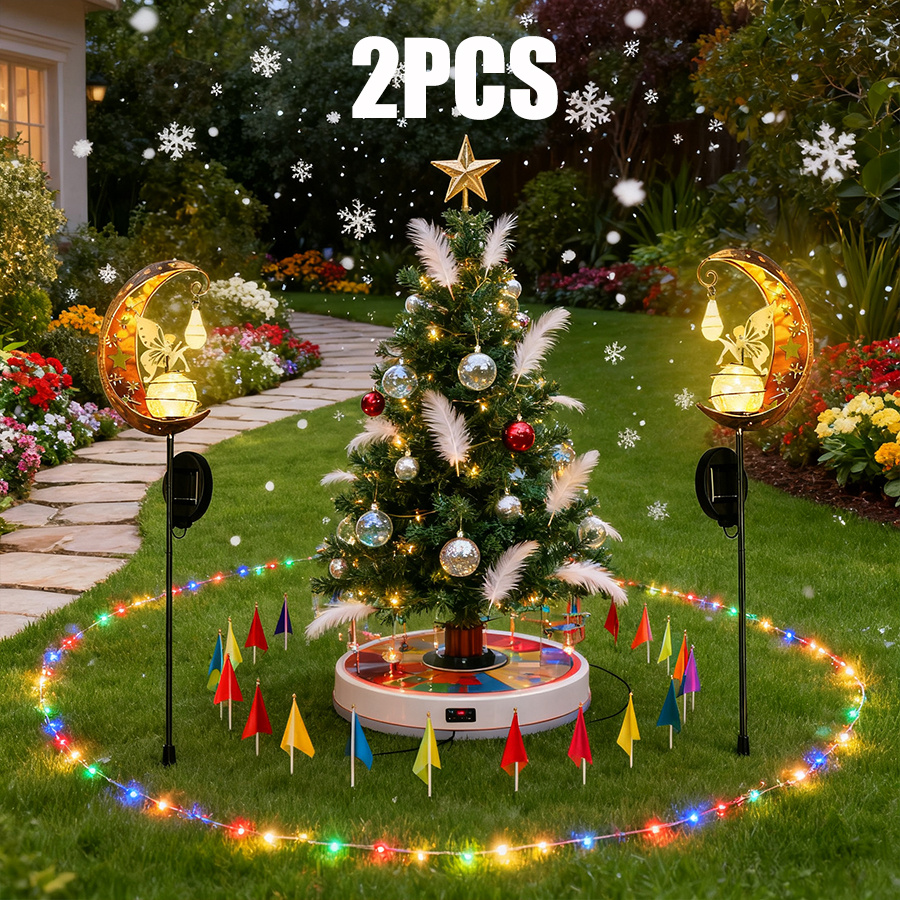 TEMU 2pcs Élégant LED Doré avec Boule Craquelée & Silhouette, Lampe de Terrasse de Jardin Fée à Énergie Solaire IP65, Idéal Pour , Pelouse, Décor de