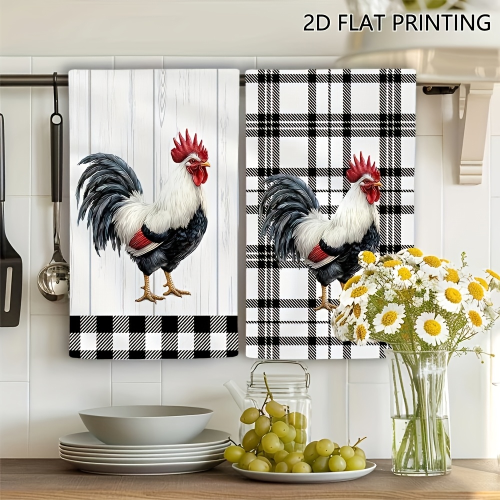 TEMU Cleaning Cloth 2pcs Kitchen Towels, Black Checkered Rooster Pattern, Gift For , Birthday And Housewarming Party Present, Reusable Scouring Pads,