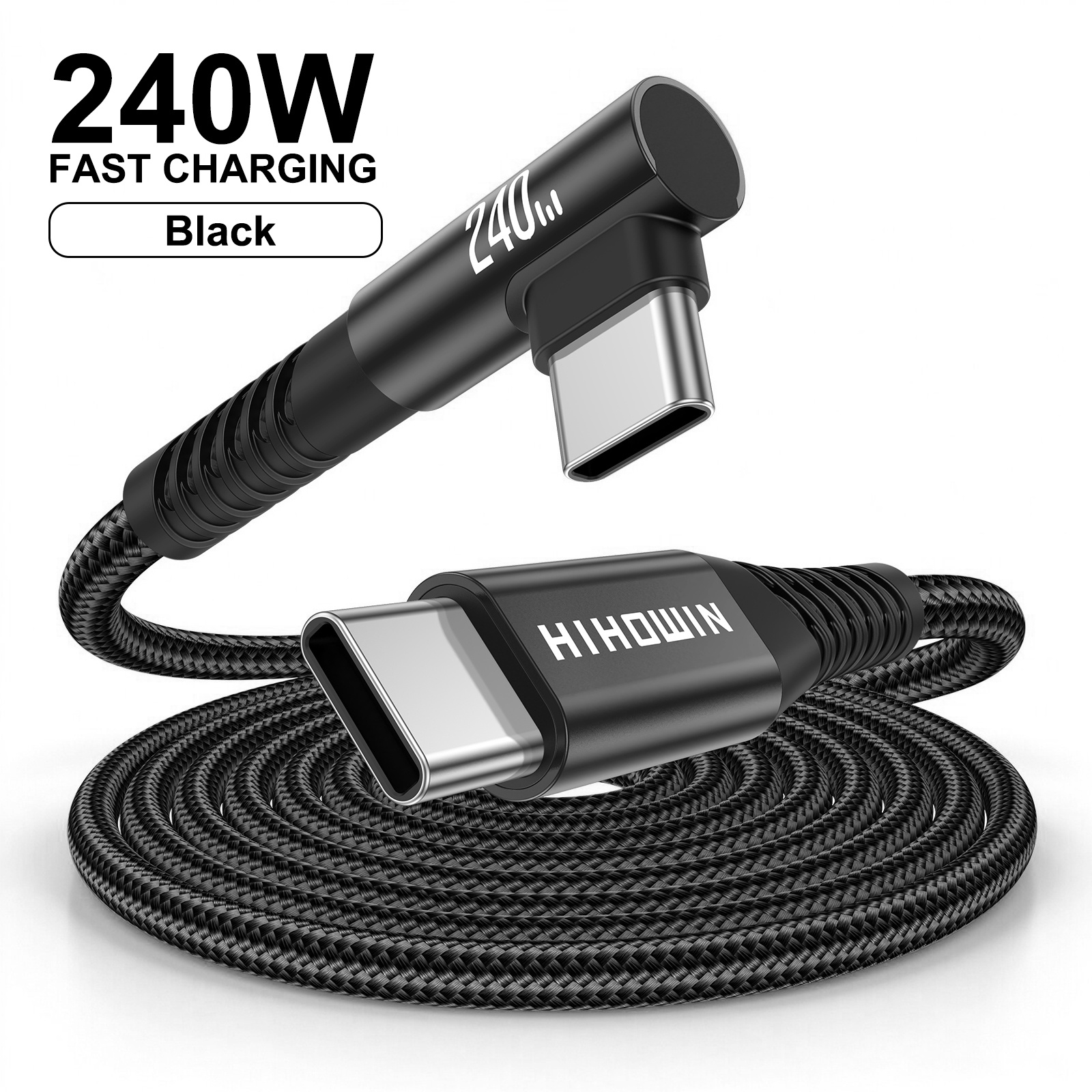 TEMU 240 Max Швидка зарядка Type C, Прямий кут USB C до USB C Плетений кабель, Зарядний кабель USB C для for Samsung Galaxy S27/S26/S25/S24, для