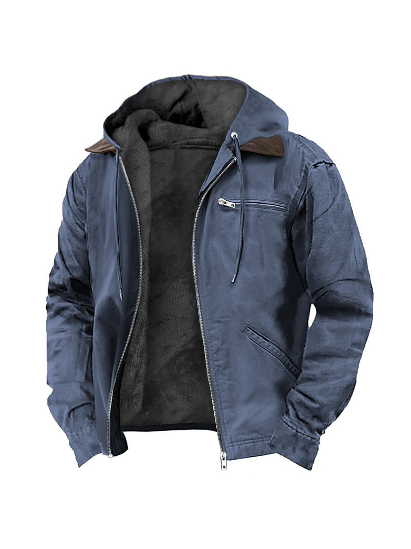mens solid color fleece lined hooded jacket full zip up warm winter casual outerwear drawstring hood design multiple functional pockets long sleeve durable fabric loose fit windproof daily work wear mens thickened hooded coat for autumn winter