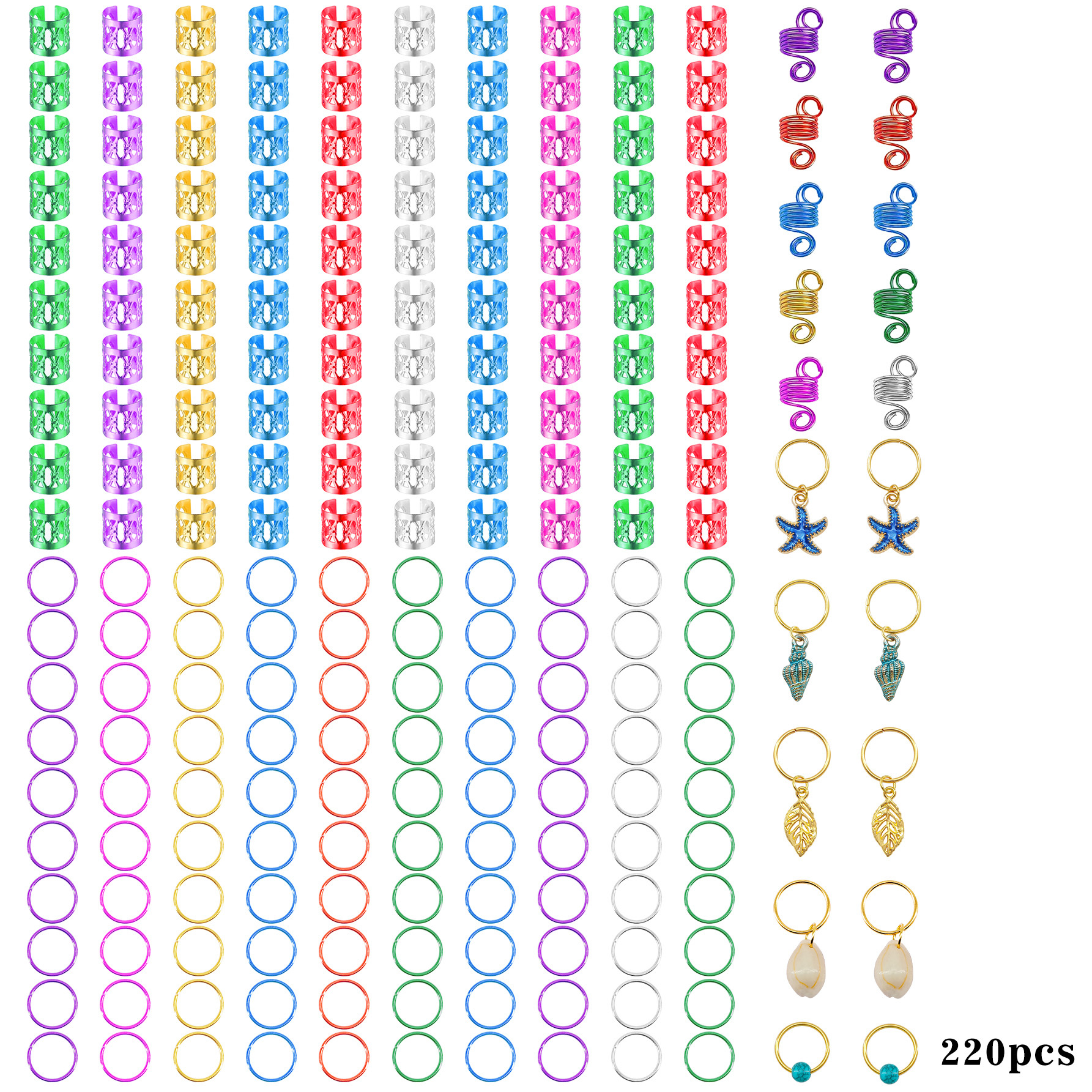 220pcs Ocean Theme Hair Rings Set With Starfish, Seashell & Colorful Hair Rings - Nautical Hair Cuffs For Braids, Boho Jewelry For
