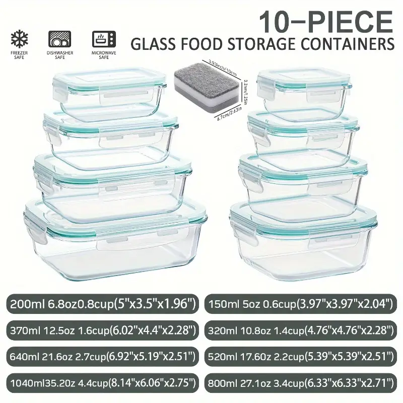back to school essentials 8 glass food storage containers meal prep sealed lunch boxes leak proof lids microwave oven refrigerator and dishwasher safe bpa free with 4 cleaning sponges christmas and halloween Product details 1