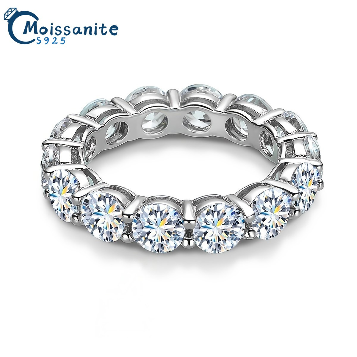 TEMU 1 bague éternité en moissanite, poids total 7,5 carats, argent sterling 925, pureté VVS1, coupe ronde, style étincelant, fiançailles tendance,